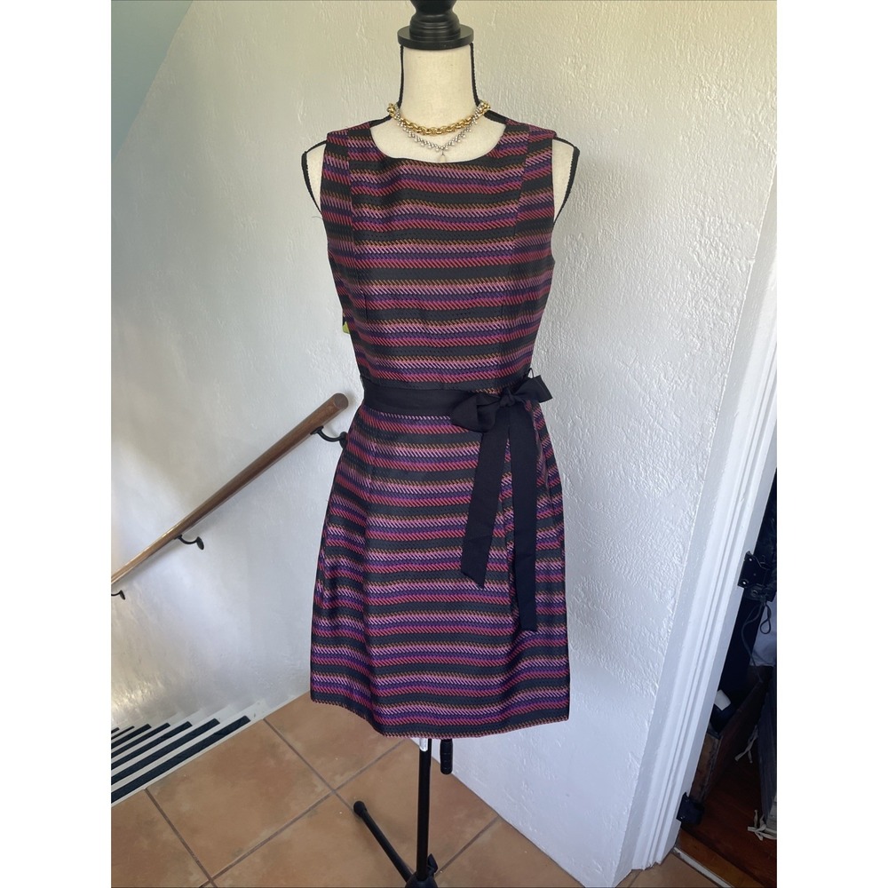Trina Turk NWOT Purple Stripe Sleeveless Dress Black Sash With Pockets size 6 - Picture 1 of 8